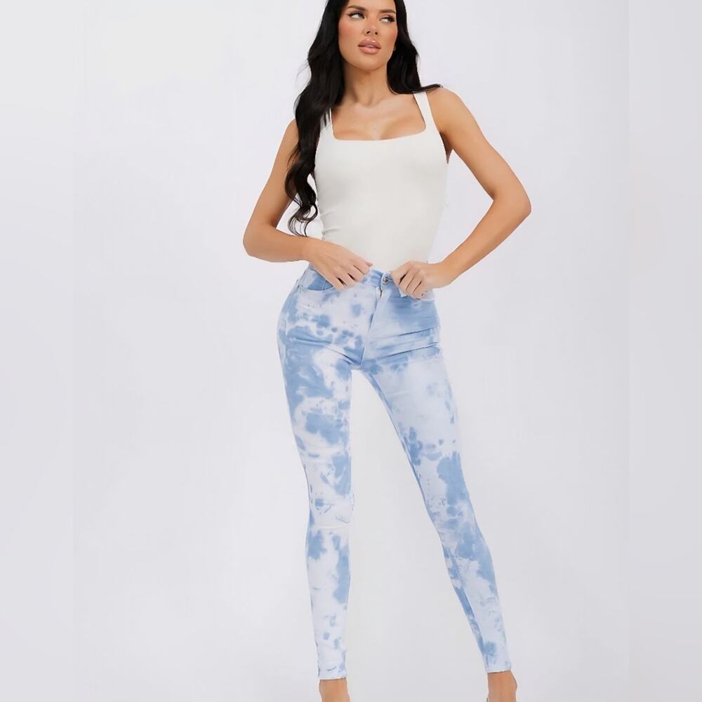 D1 NWT Nina Rossi Tie Die Button Closure Pockets Skinny Leg Denim Sm Md Lg